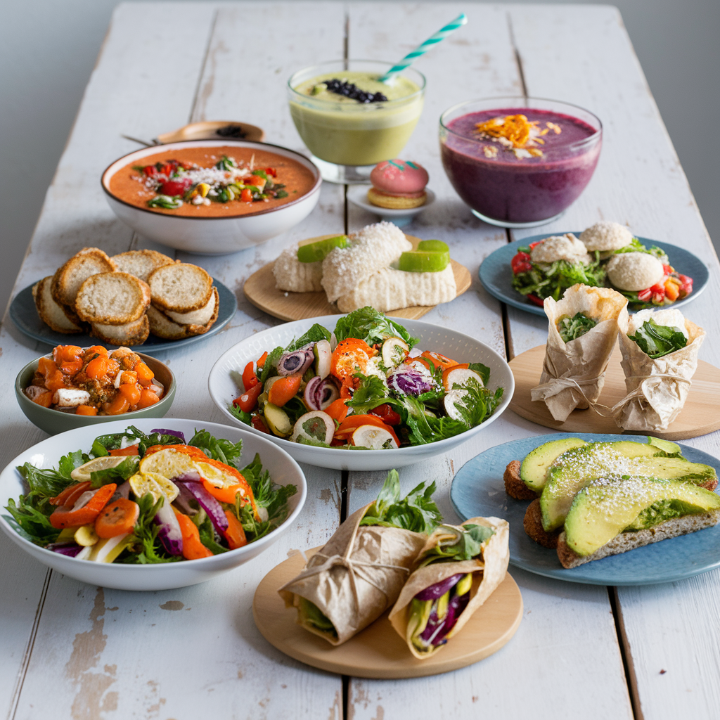 A variety of quick and colorful 5-minute meals displayed on a table.