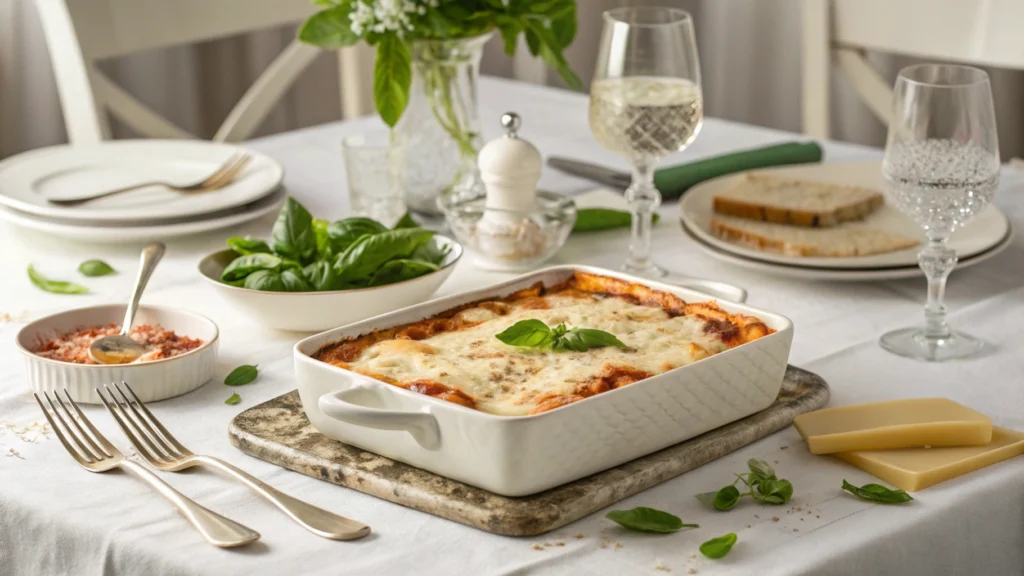  A baked lasagna dish on a table with basil and cheese garnish