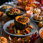 A beautifully set Thanksgiving table with turkey-free dishes like roasted squash, fresh vegetables, and elegant side dishes.