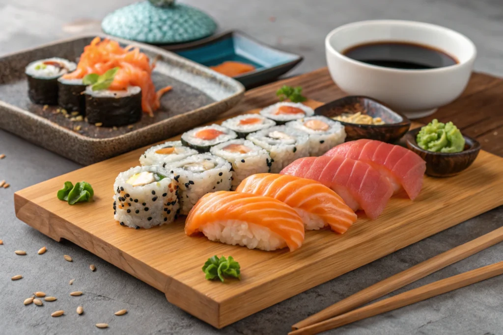 A platter of sushi topped with fresh salmon, including nigiri, sashimi, and rolls