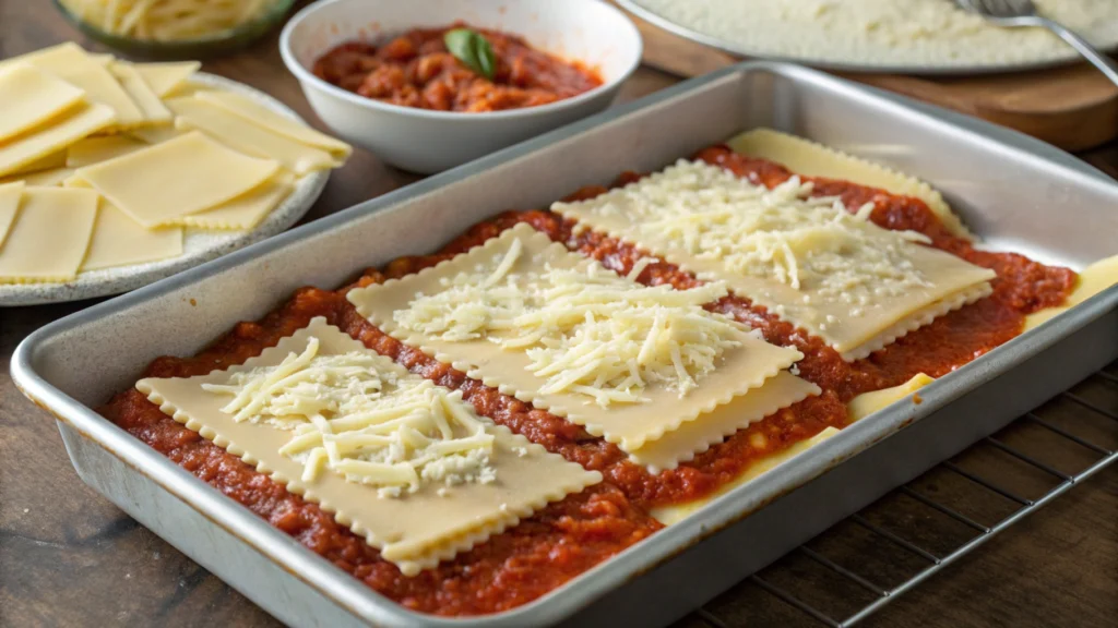 A lasagna tray with visible cheese layers being prepared