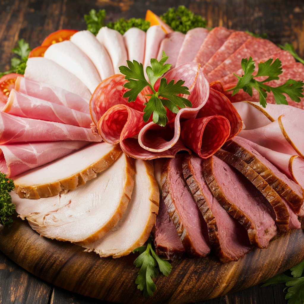 A variety of sliced lunch meats displayed on a wooden board.