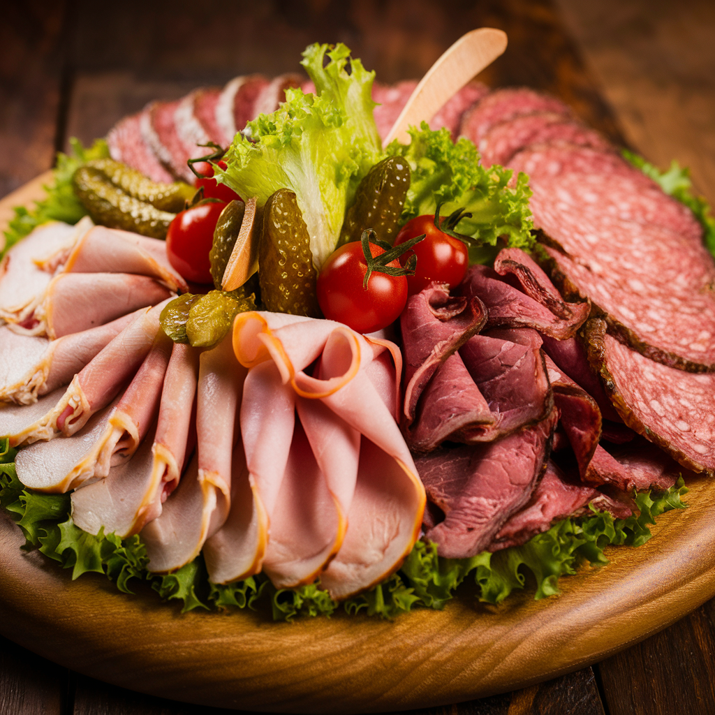 Assorted lunch meats displayed on a wooden board.