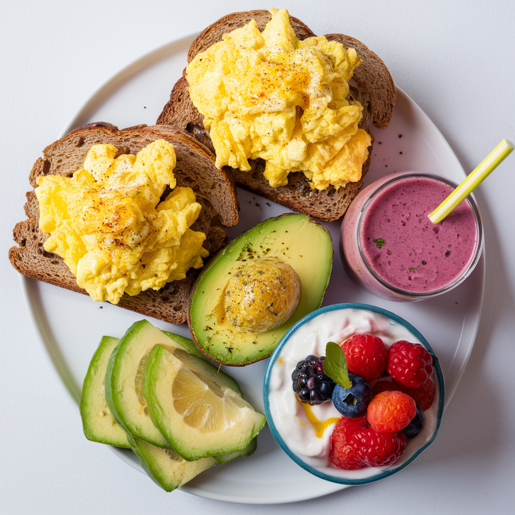 Healthy breakfast with whole-grain toast, scrambled eggs, avocado, Greek yogurt with berries, and a smoothie