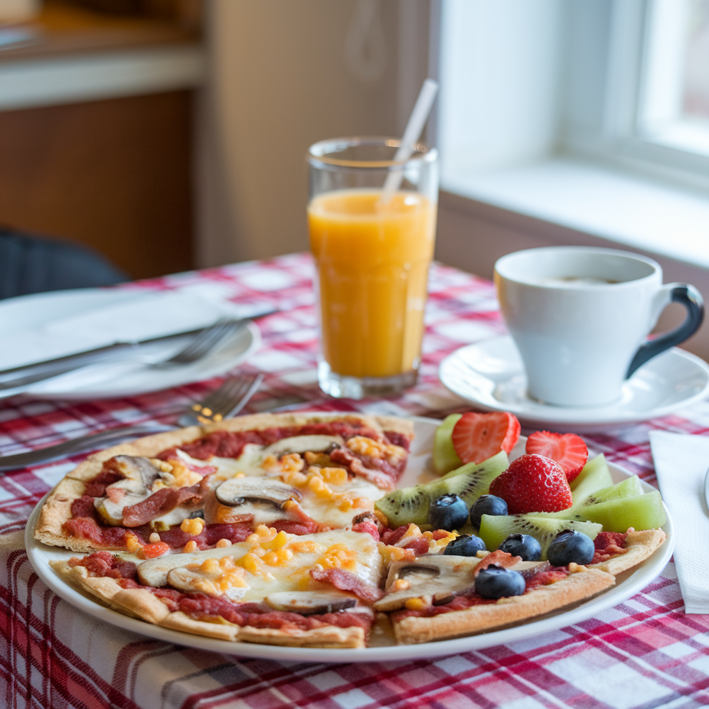 A school breakfast pizza with eggs, cheese, sausage, and vegetables