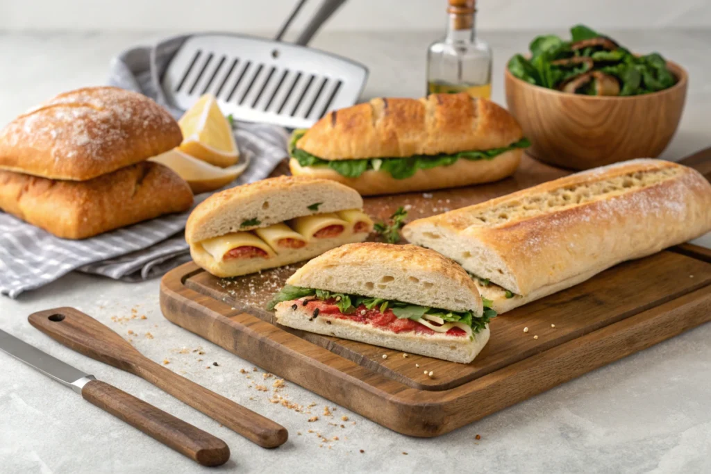 A selection of breads ideal for making paninis, including ciabatta, focaccia, sourdough, and baguette