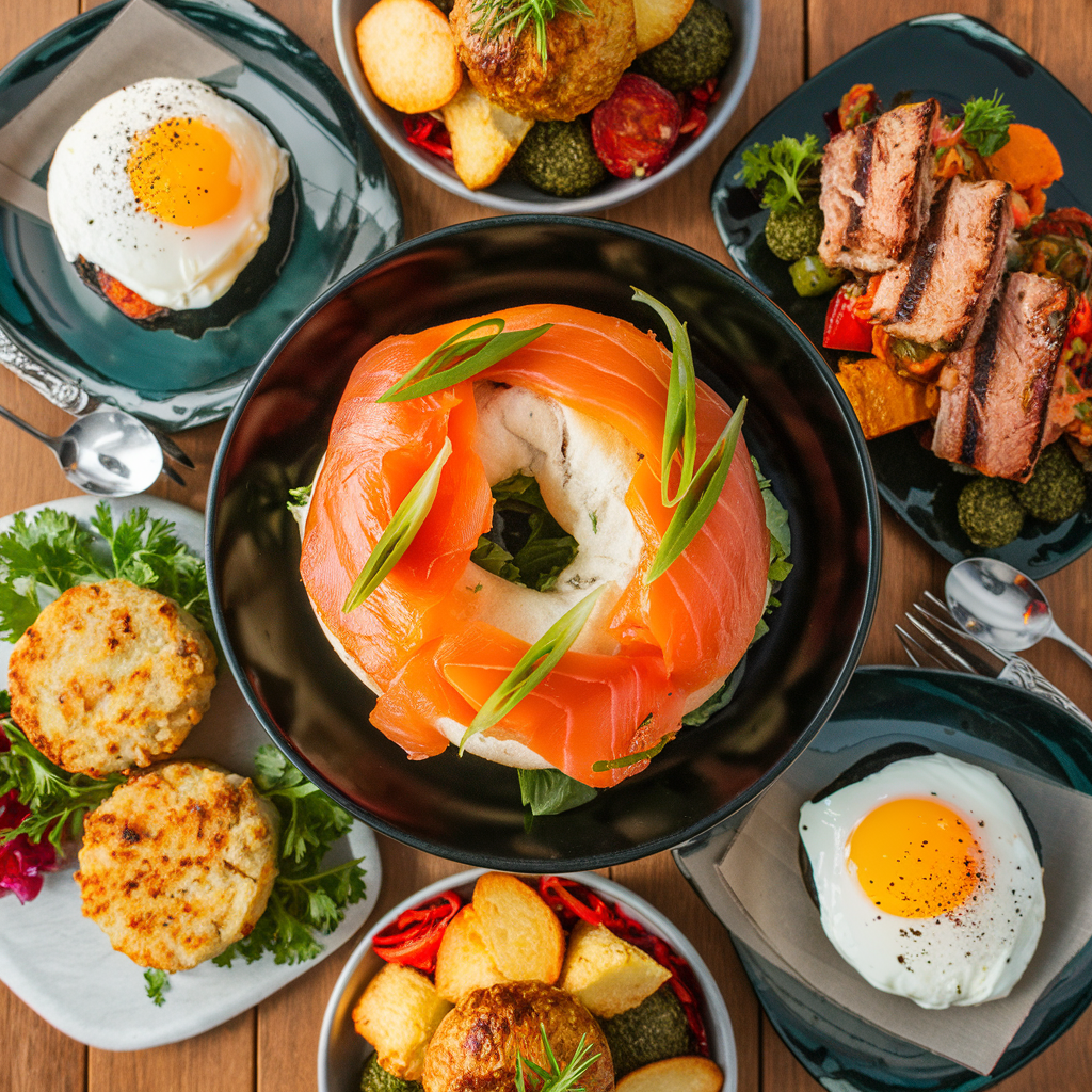 A variety of breakfast fish dishes including smoked salmon bagels, grilled tuna, and cod cakes.