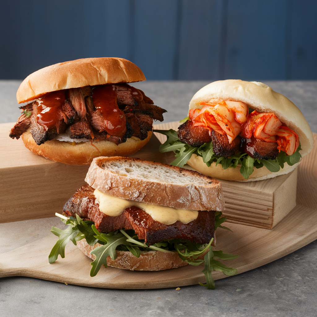 Three different styles of brisket sandwiches served on a platter