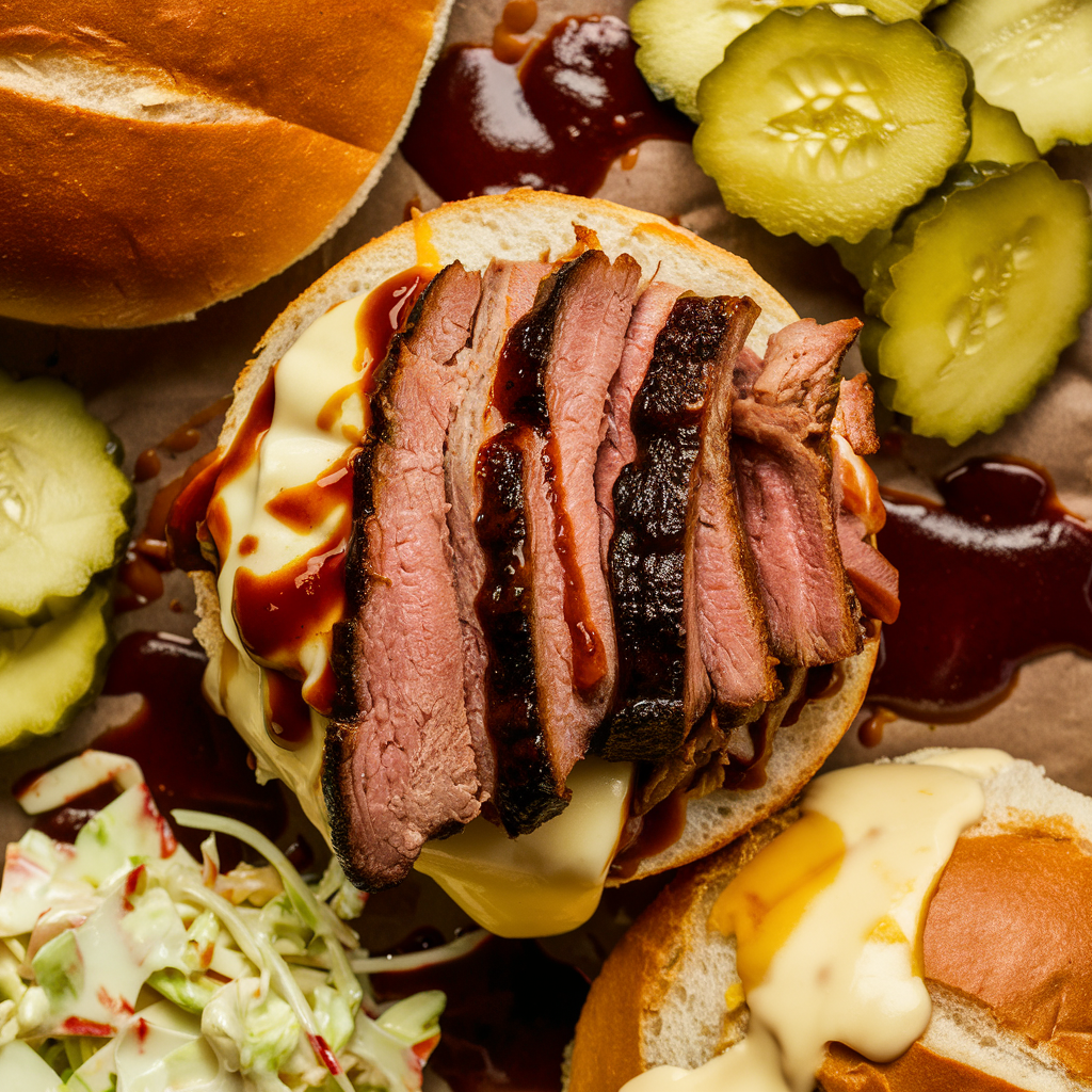 Ingredients for making a brisket sandwich laid out on a countertop