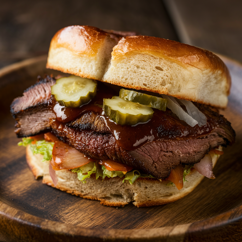 A brisket sandwich with brioche bread, pickles, and barbecue sauce