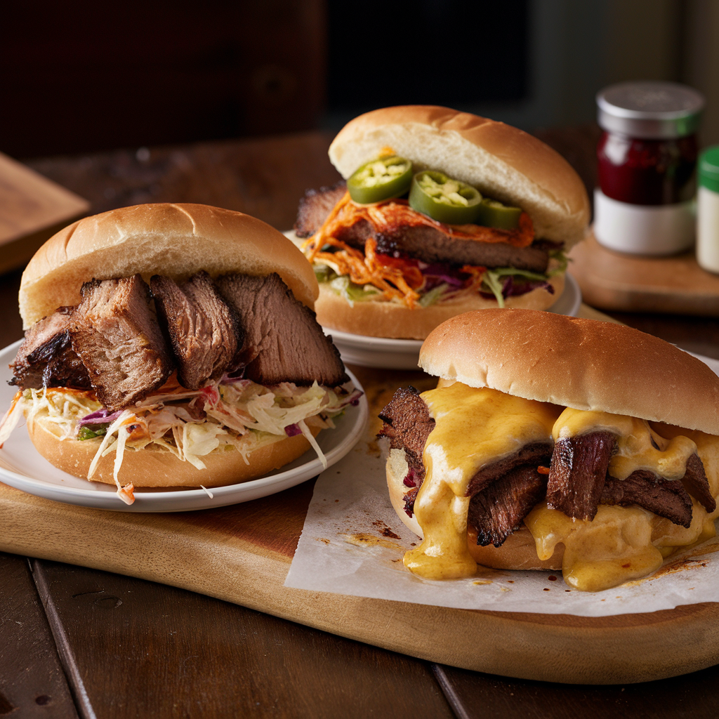 A variety of brisket sandwiches with different toppings