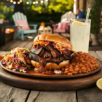 Brisket sandwich with classic barbecue sides on a wooden platter