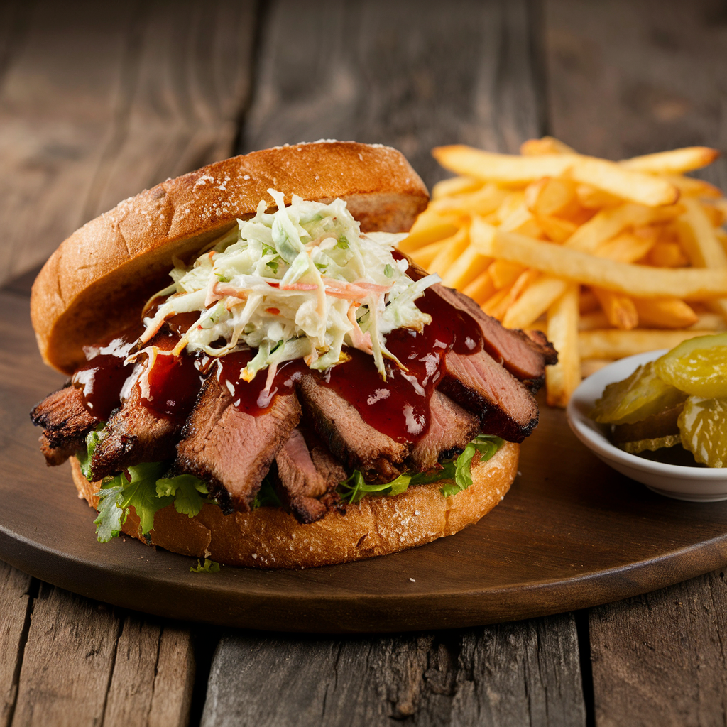 A classic brisket sandwich with barbecue sauce and coleslaw on a wooden table