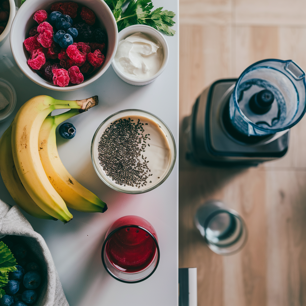 Ingredients for a healthy smoothie laid out on a countertop