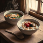 A bowl of cereal with milk next to a steaming bowl of soup.