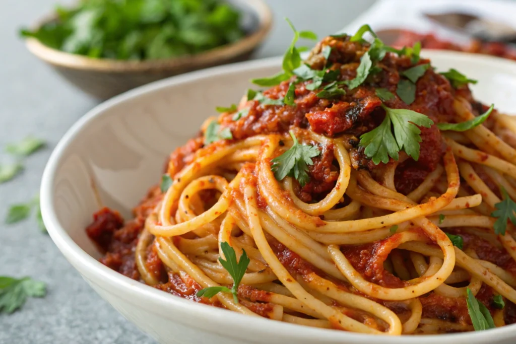 Chewy noodles coated in chili oil with garnishes of green onions and cilantro