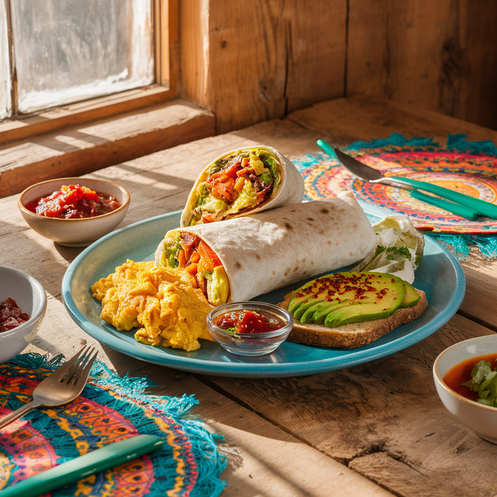 A hearty chipotle breakfast spread featuring burritos, eggs, avocado, and a side of salsa.