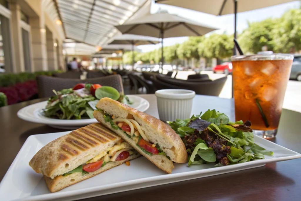 A ciabatta panini with a side salad and iced tea on a table