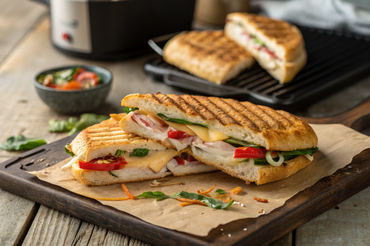 A golden ciabatta panini with melted cheese and turkey on a wooden table