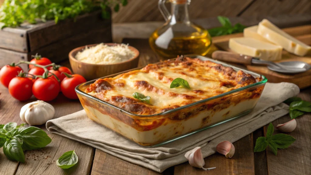 Perfectly baked lasagna with golden cheese topping and fresh ingredients