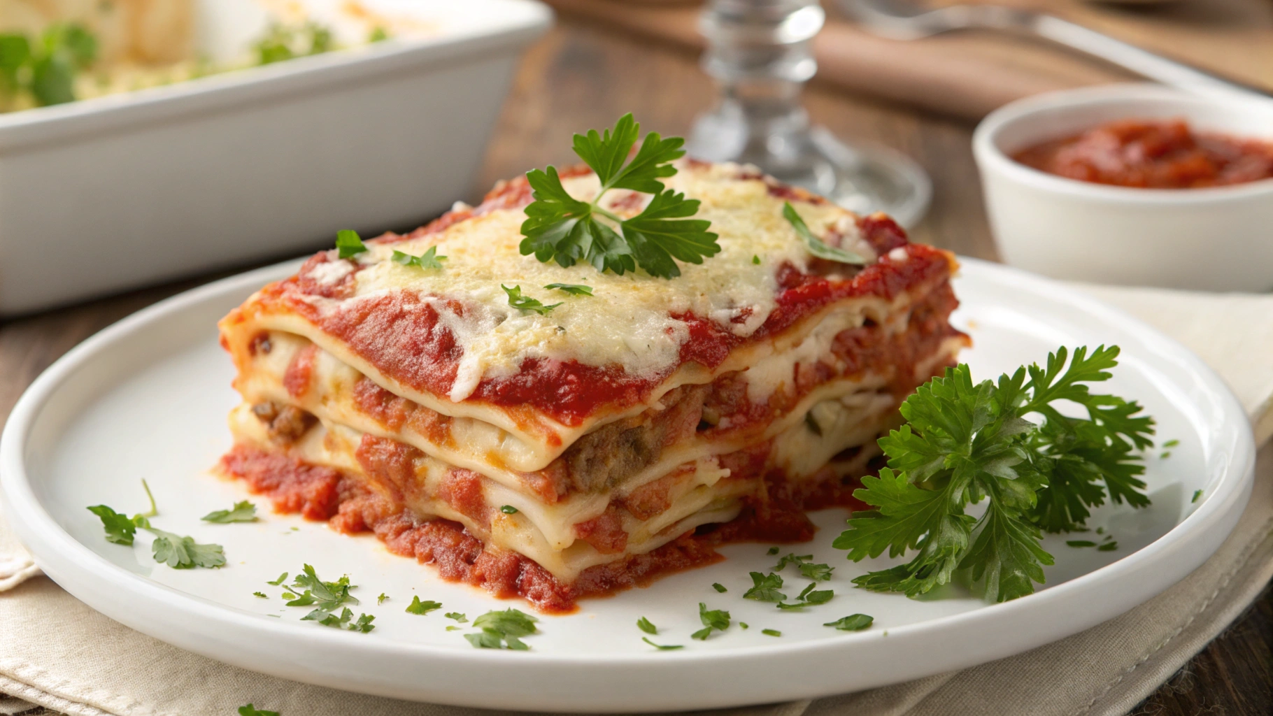 A slice of lasagna highlighting layers of pasta, sauce, and cheese