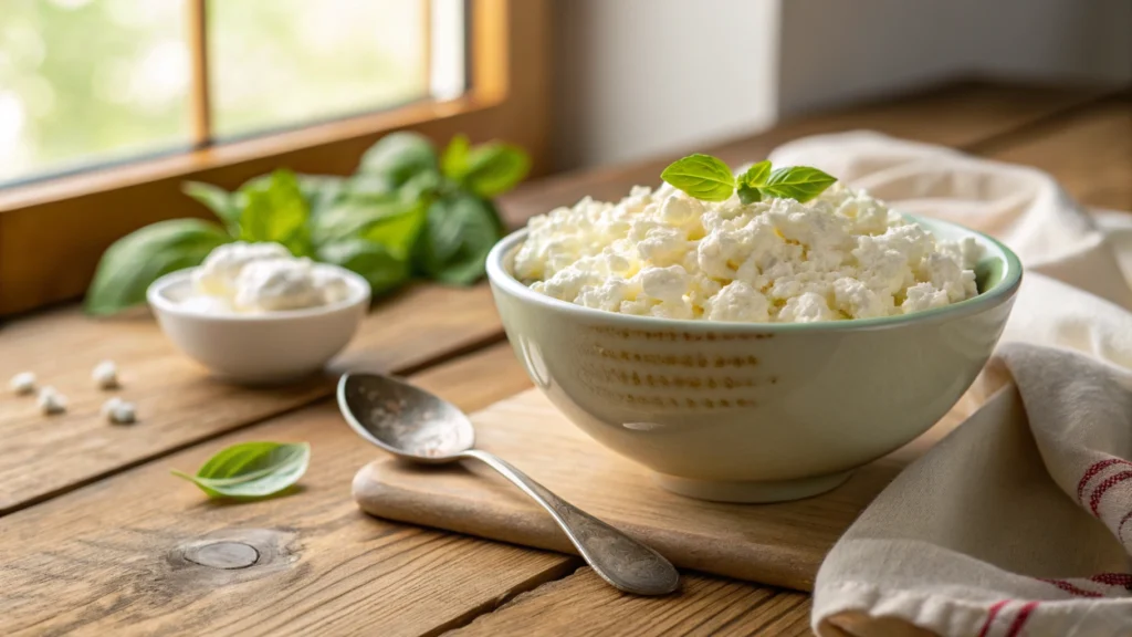 A bowl of cottage cheese with fresh basil
