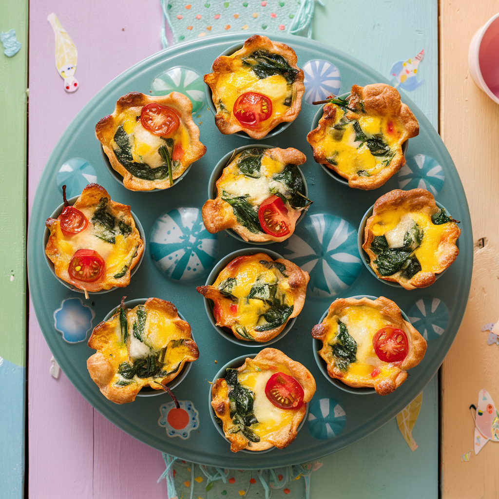 Mini quiches in a muffin tin with colorful toppings.
