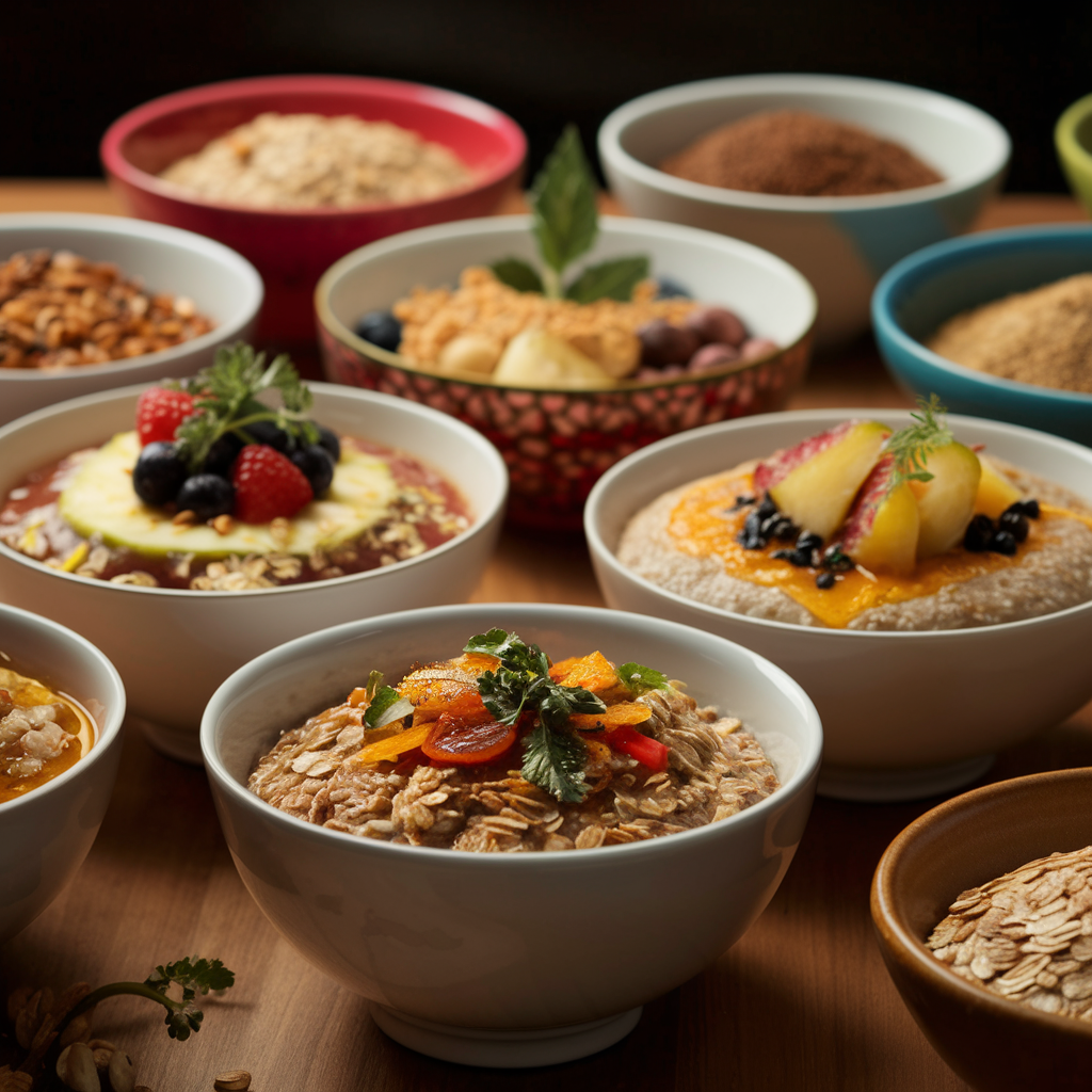 A variety of Jungle Oats preparations, including savory and sweet options