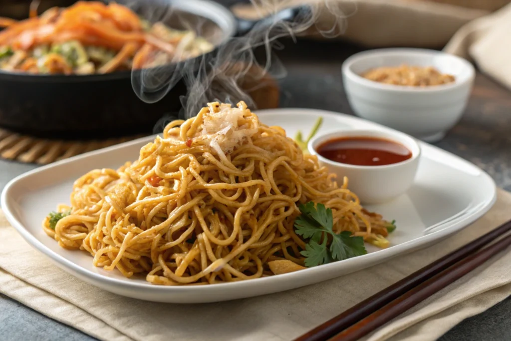 Crispy fried noodles with dipping sauce