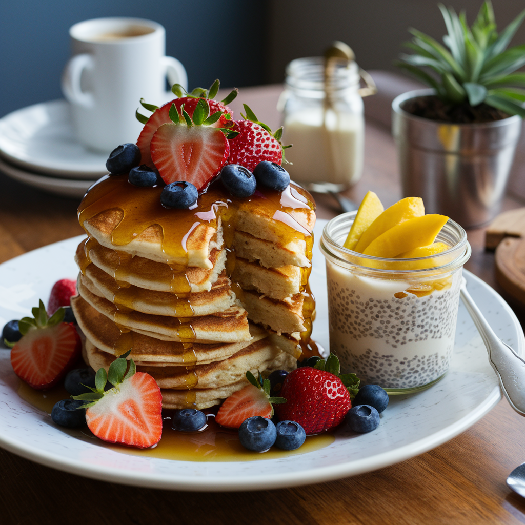 A stack of vegan pancakes topped with berries and maple syrup next to a mason jar of chia pudding with coconut yogurt and mango slices