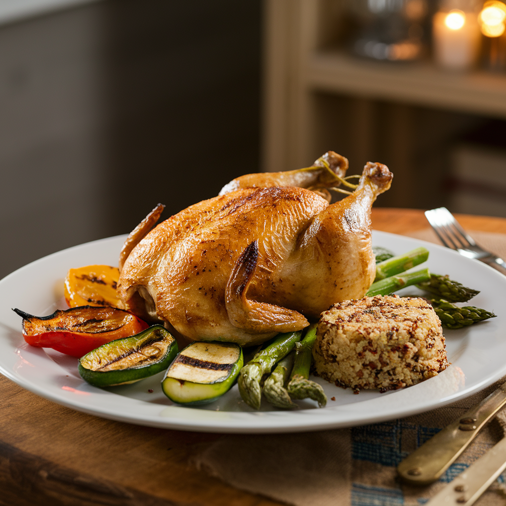 A single-serving dinner plate with roasted chicken, vegetables, and quinoa.