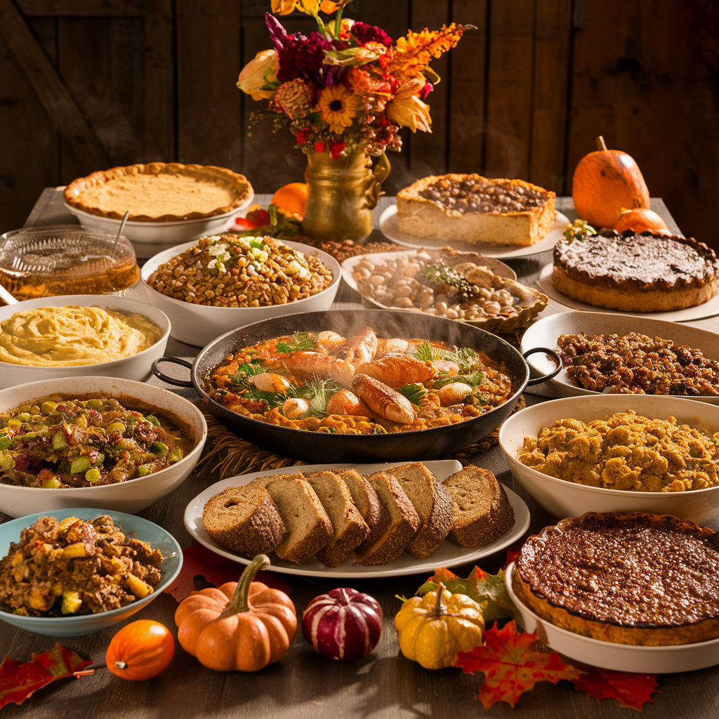 A Thanksgiving buffet table filled with various turkey-free dishes and desserts, including lentil loaf, seafood paella, garlic mashed potatoes, and chocolate pecan tart.