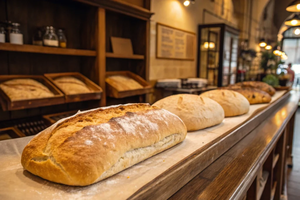 Freshly baked ciabatta bread loaves on a counter