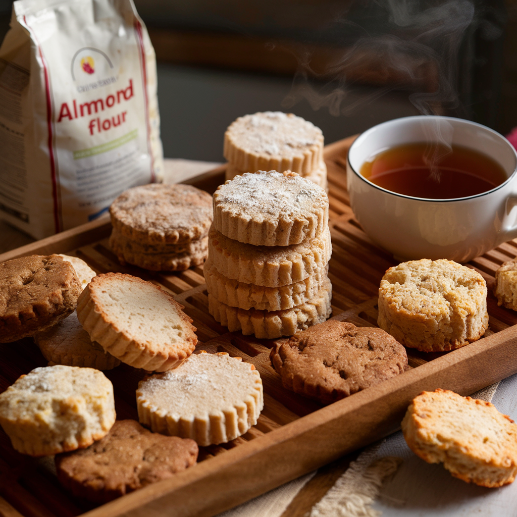 A variety of gluten-free biscuits displayed on a wooden tray with a cup of tea