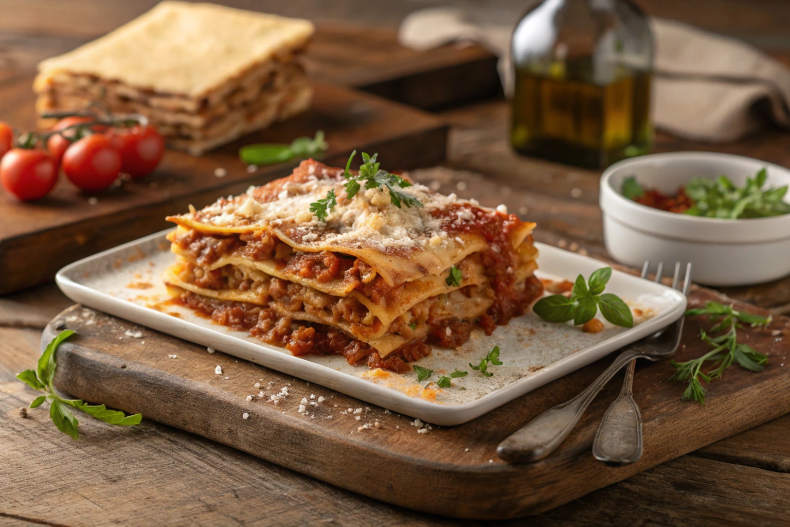 Gluten-free lasagna served on a wooden table.