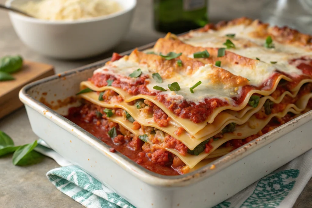 Gluten-free lasagna in a baking dish with golden cheese topping.