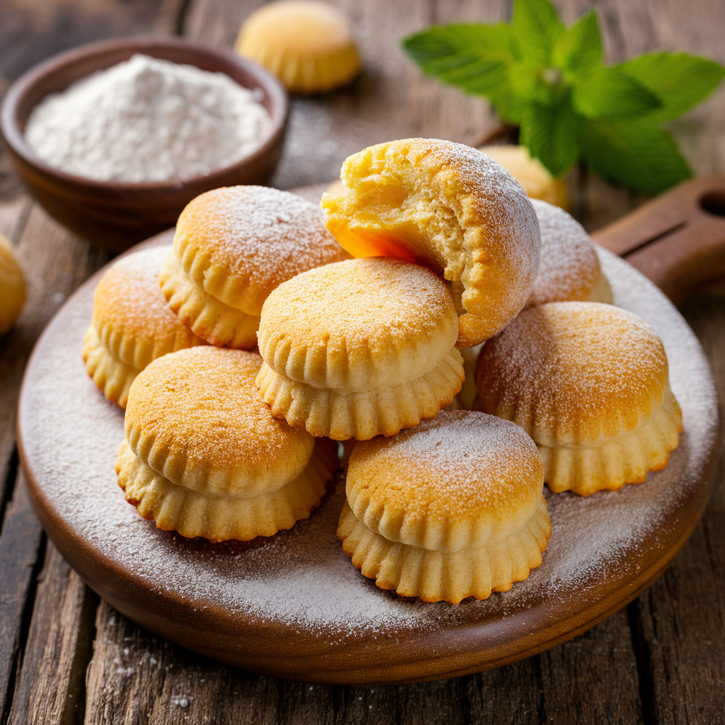 Gluten-free Yoyo biscuits on a wooden table with powdered sugar