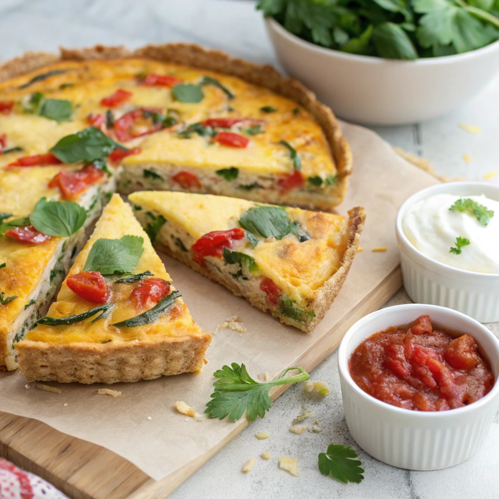 Slices of tortilla quiche bake topped with fresh cilantro, served with salsa and sour cream