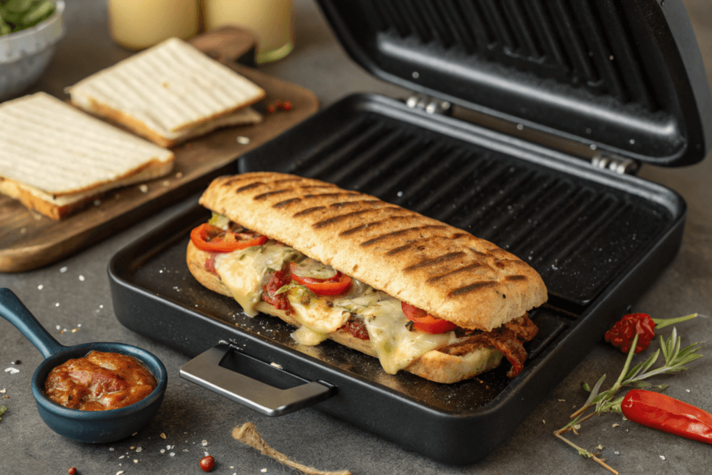 A ciabatta panini being grilled with grill marks and melted cheese