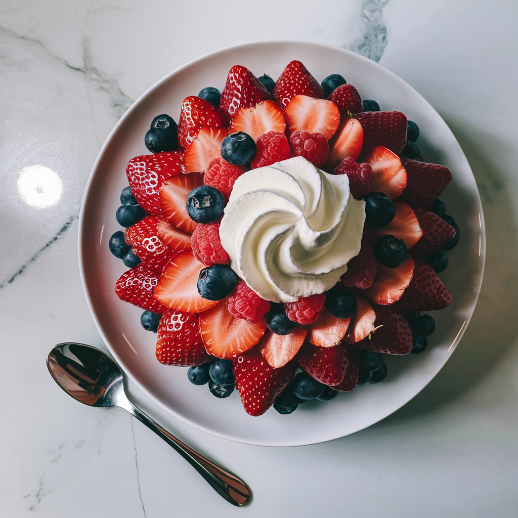 A dessert plate with fresh berries topped with a dollop of whipped cream.