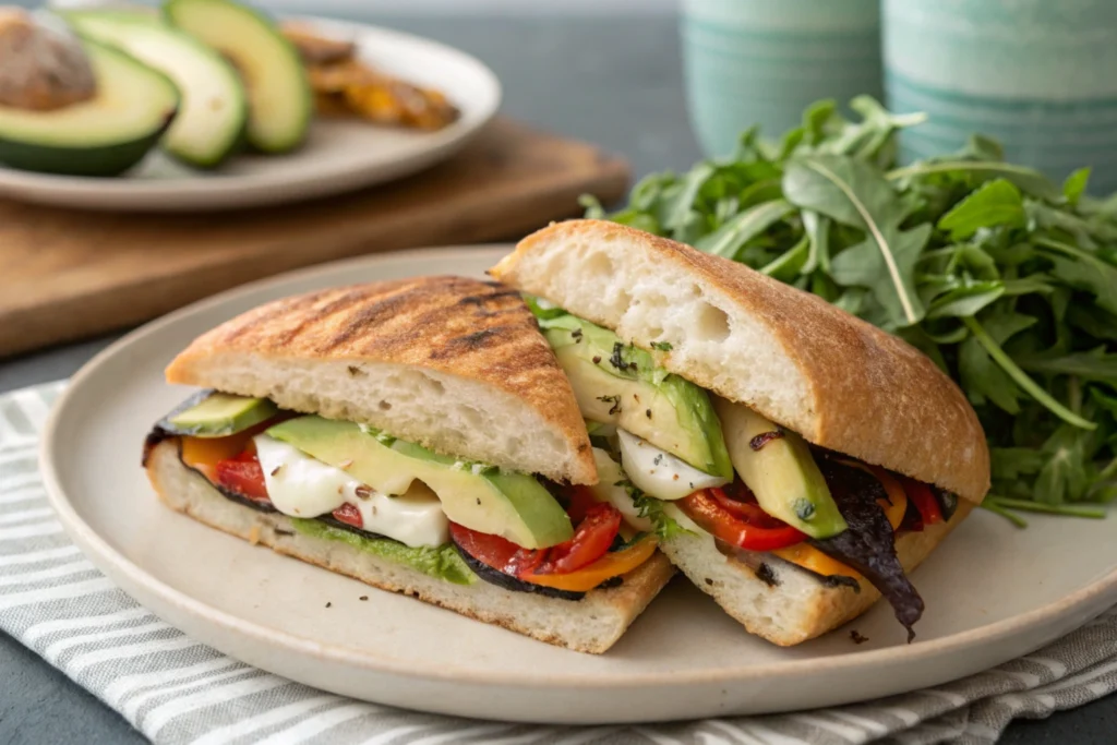 A healthy ciabatta panini sandwich with vegetables and avocado