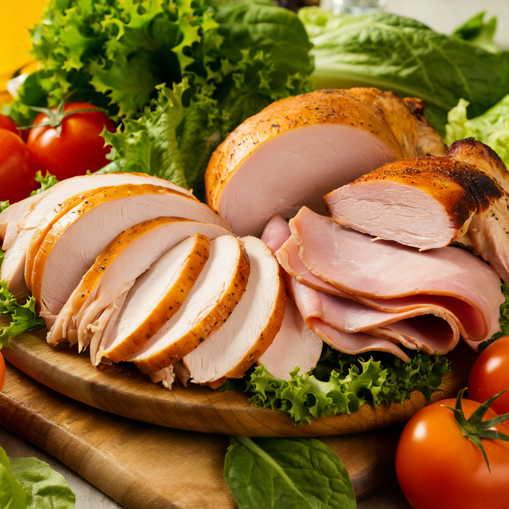 A variety of healthy lunch meats including turkey breast, chicken, and low-sodium ham on a wooden platter