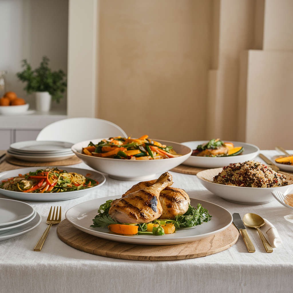 A variety of colorful and healthy Weight Watchers dinner recipes displayed on a table.