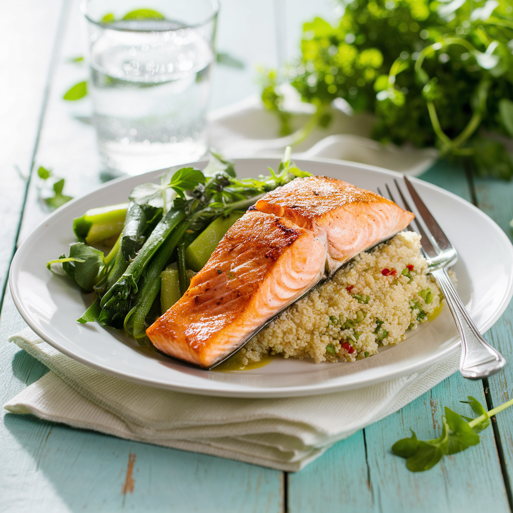 A colorful Weight Watchers meal with grilled salmon, quinoa, and steamed vegetables.