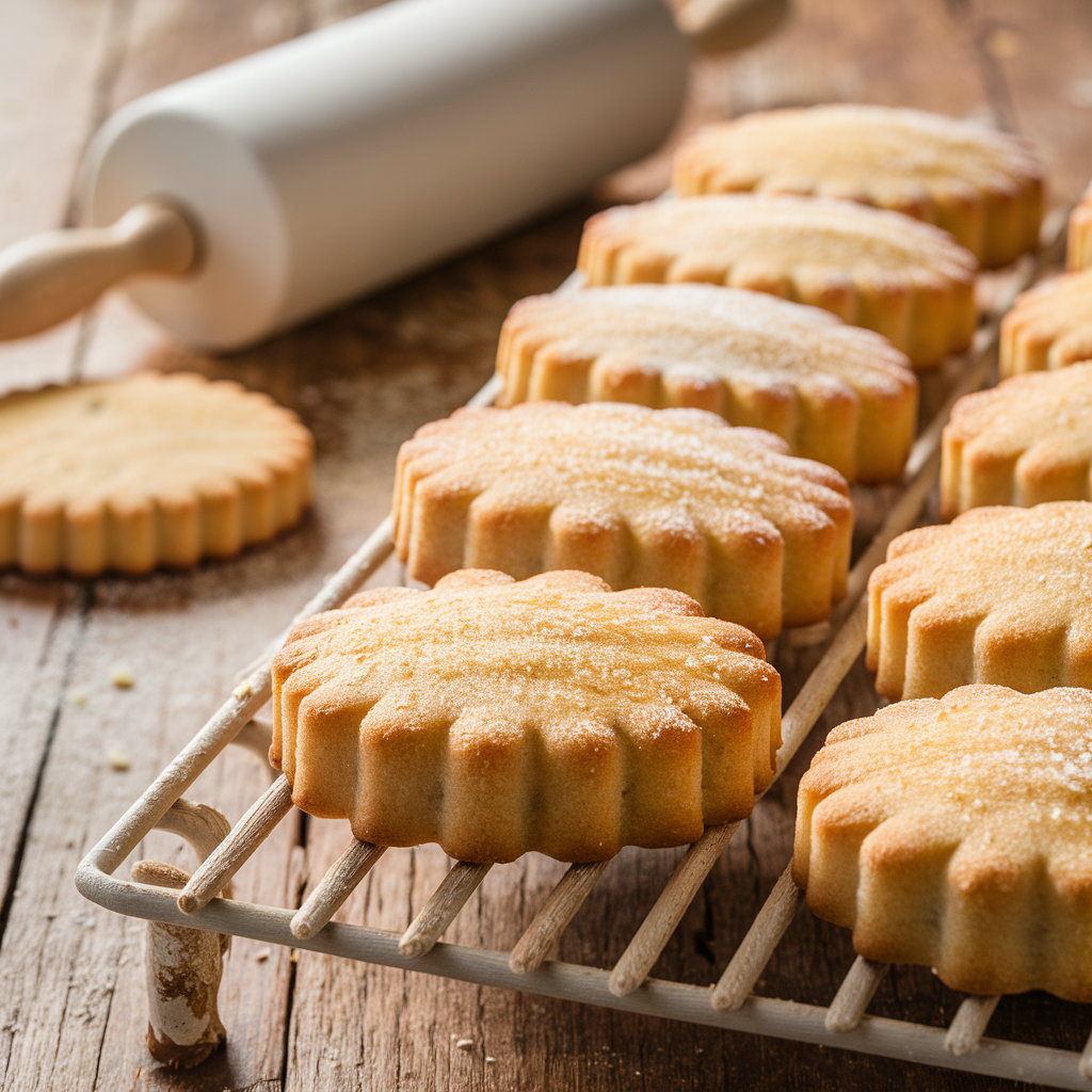 Homemade gluten-free shortbread biscuits cooling on a wire rack