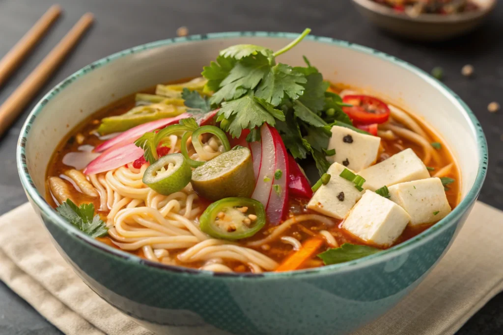 Hot and sour noodles with colorful toppings like pickled vegetables and tofu