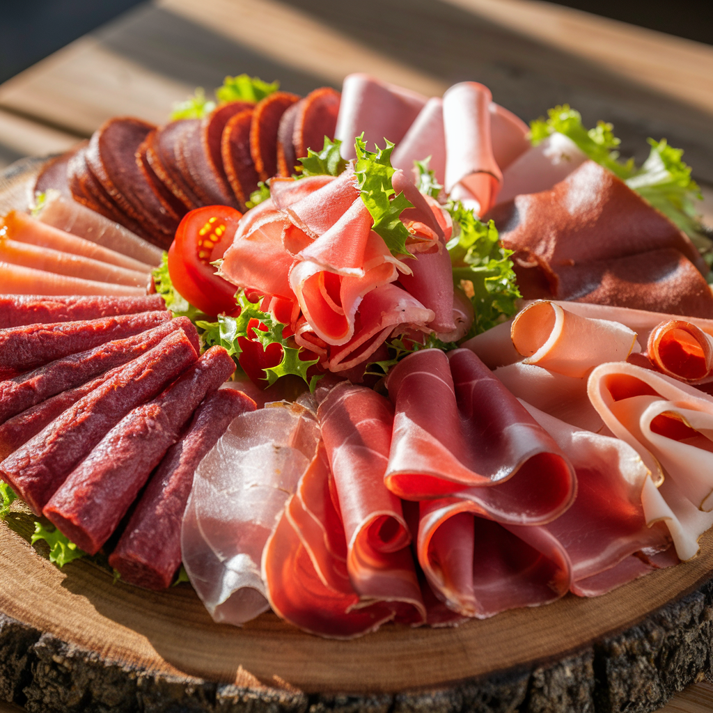 A selection of sliced lunch meats on a wooden platter