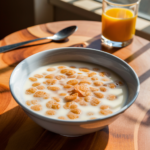 A bowl of cereal with milk on a wooden table.