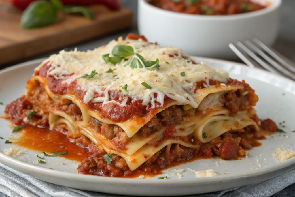 Lasagna with marinara sauce and melted cheese.