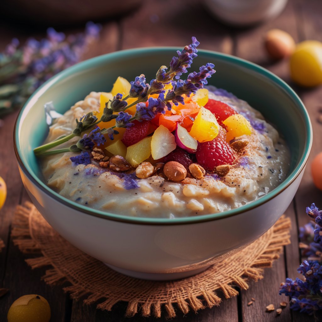 A bowl of lavender jungle oats with fresh berries and nuts.